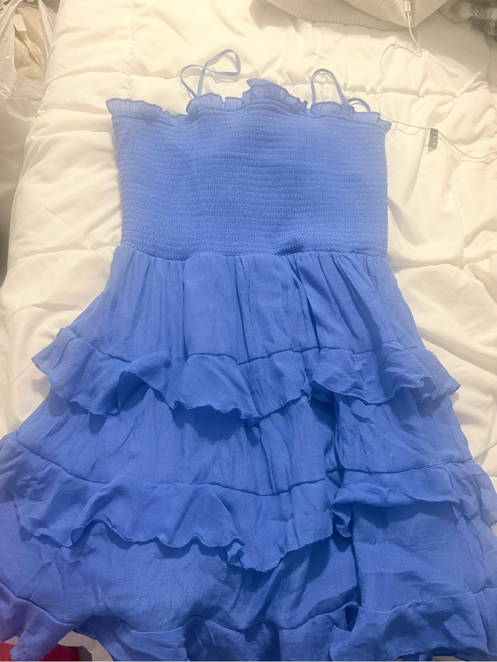 Francesca's Collections Blue Ruffle Midi Dress with Smocked Bodice